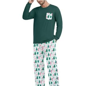 Men's Pajama Set Sleepwear Lightweight Long Sleeve Green /White
